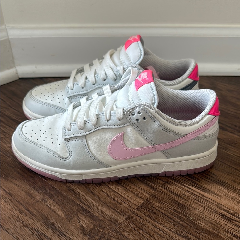Nike White and Pink Low-Top Sneakers with Leather Upper